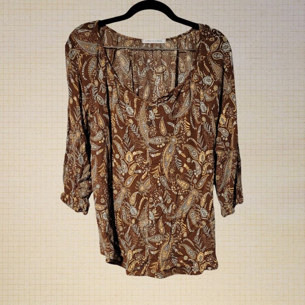 Boho 2000s Chris and Carol Brown Paisley Cotton Blend Blouse Small-Medium